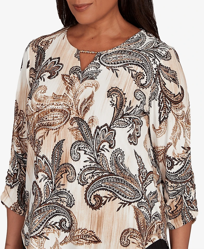 Alfred Dunner Petite Textured Paisley Ruched Sleeves Top