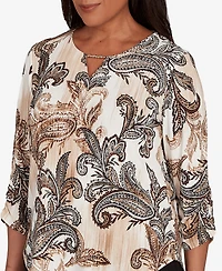 Alfred Dunner Petite Textured Paisley Ruched Sleeves Top