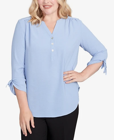 Alfred Dunner Petite Tie Sleeve Crinkle Textured Henley Top