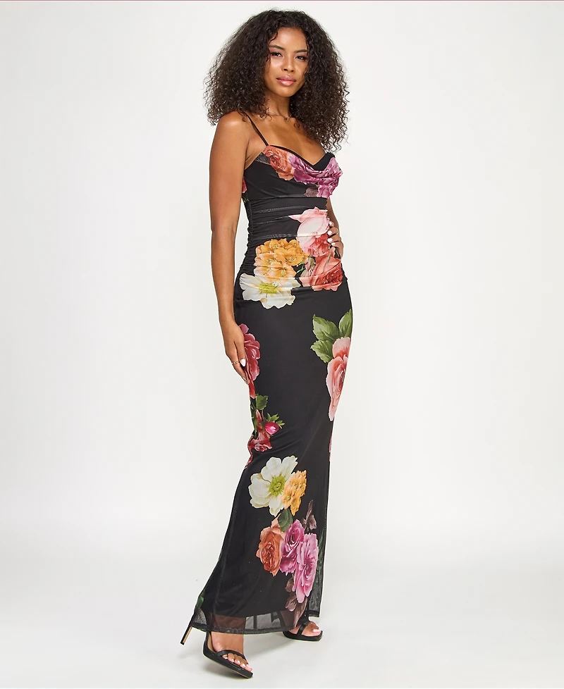 Emerald Sundae Juniors' Cowl Neck Floral Mesh Sleeveless Gown