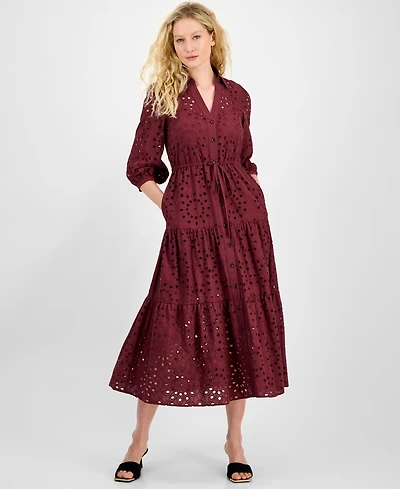 julia jordan Women's Eyelet Tie-Waist 3/4-Sleeve Midi Dress