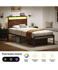 Hausource Industrial Twin Size Bed Frame with Storage Led Headboard, Charging Station, No Box Spring Needed