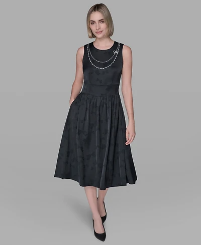 Karl Lagerfeld Paris Women's Embellished Jacquard Fit and Flare Dress