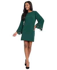 London Times Petite Scuba Laser-Cut Long-Sleeve A-Line Dress