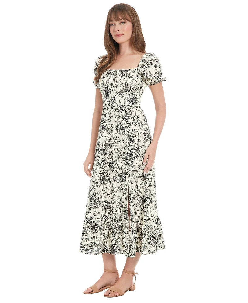 London Times Petite Floral-Print Puff-Sleeve Midi Dress