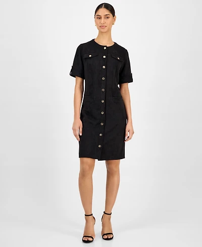 T Tahari Women's Faux-Suede Short-Sleeve Shirtdress