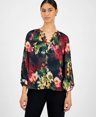 T Tahari Women's Floral Split-Neck Blouse