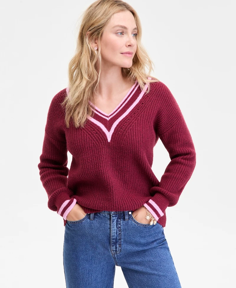On 34th Women's Varsity Tipped V-Neck Sweater, Macy's Exclusive