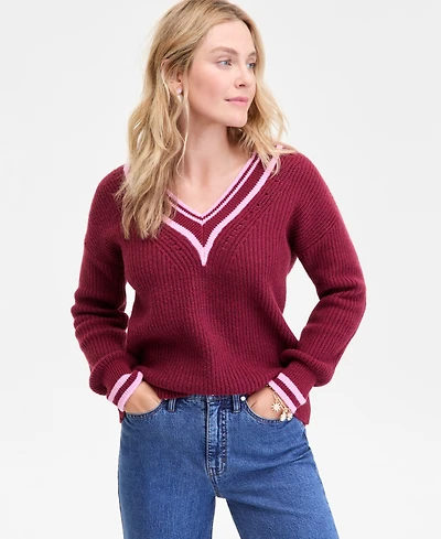 On 34th Women's Varsity Tipped V-Neck Sweater, Macy's Exclusive