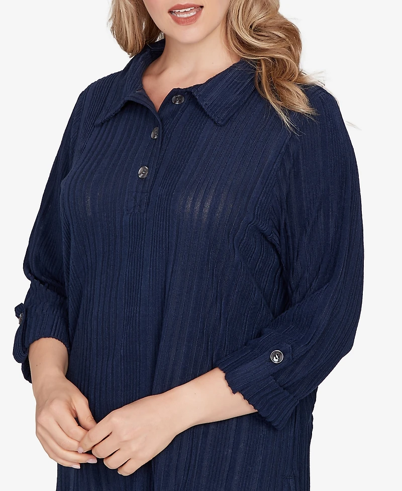 Hearts Of Palm Plus Solid Textured Hachi Henley Tunic Top