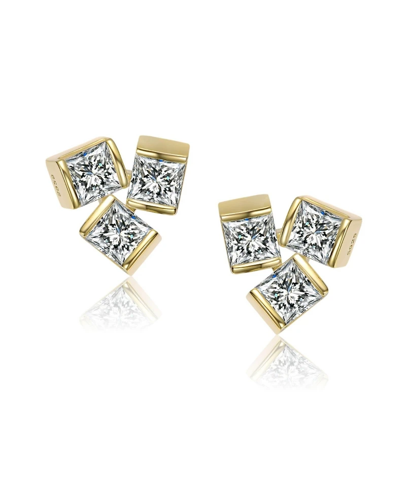 14K Gold Plated with Clear Cubic Zirconia 3-Stone Stud Earrings
