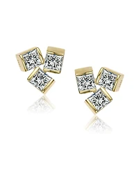 14K Gold Plated with Clear Cubic Zirconia 3-Stone Stud Earrings
