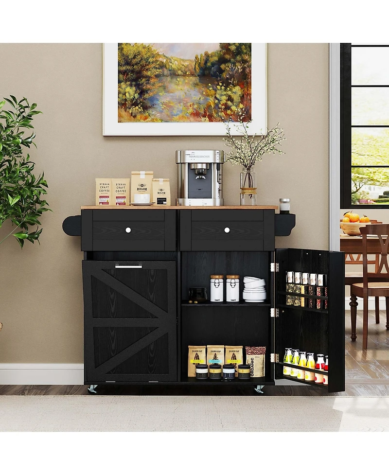 Costway Rolling Kitchen Island Cart with Drop Leaf Trash Can Cabinet