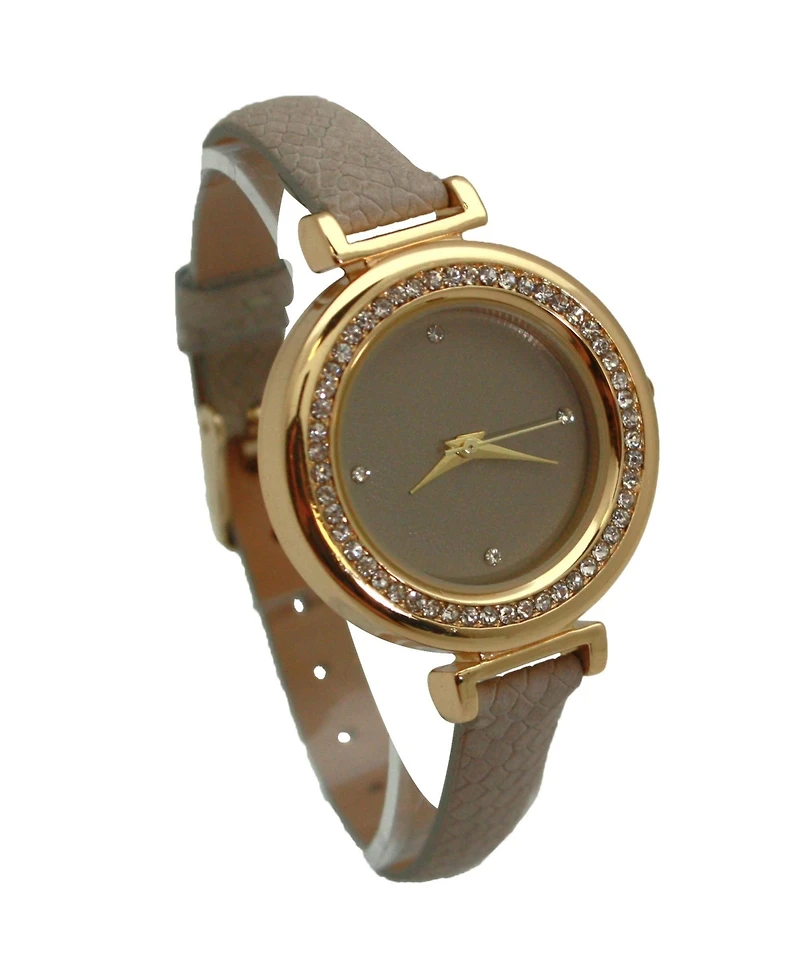 Olivia Pratt Taupe Thin Solid Color Strap and Rhinestones Women Watch