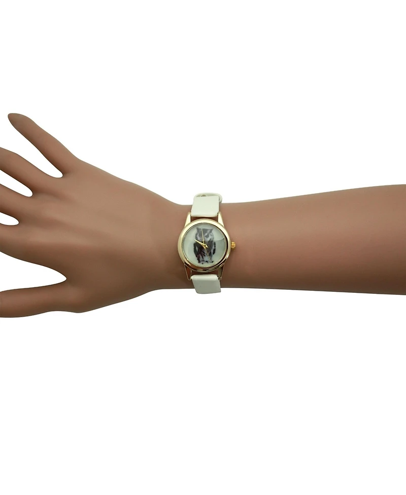 Olivia Pratt White Owl Drawing Face Faux Leather Band Women Watch