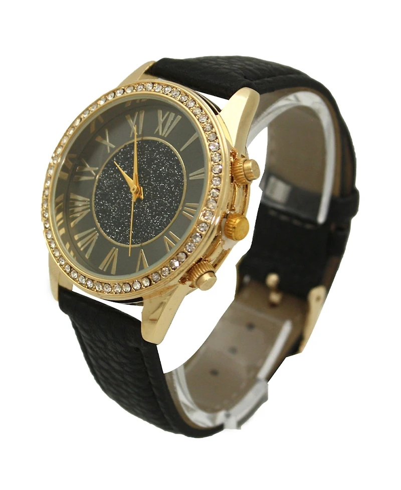 Black Glitter And Gold Detail Leather Strap Watch