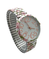 Olivia Pratt Baby Pink Floral Big Dial Easy Reader Watch Floral Elastic Stretch Band Wristwatch Women Watch