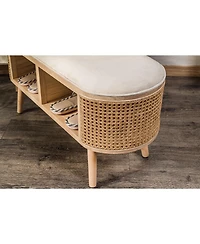 Nordlys - Beige Velvet and Rattan Storage Bench Exotic Boho Upholstery Entry