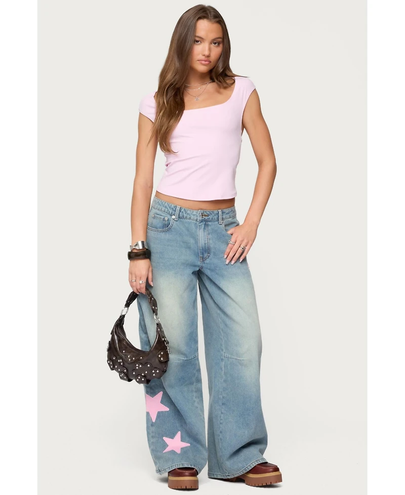 Edikted Women's Trish Satin Effect Stars Low Rise Jeans