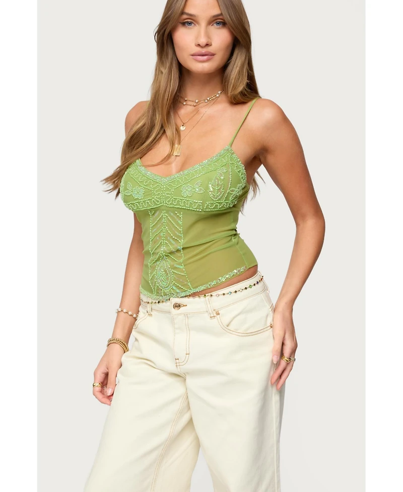 Edikted Women's Azelia Beaded Sheer Chiffon Top