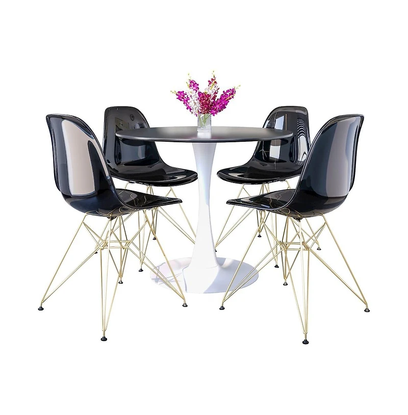 LeisureMod 5-Piece Dining Set with 35" Round Dining Table in White Iron
