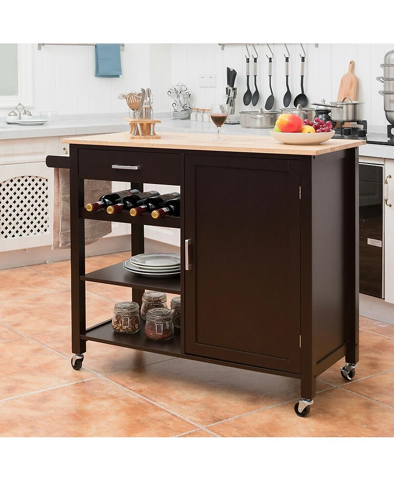 Gymax 4-Tier Wood Kitchen Island Trolley Cart Storage Cabinet w/ Wine Rack & Drawer