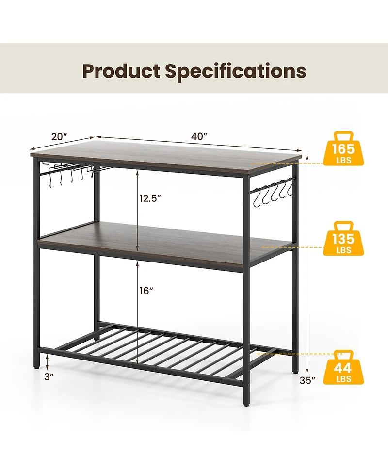 Gymax 3-Tier Kitchen Island Kitchen Shelf Wine Coffee Bar Prep Table w/Bottom Wine