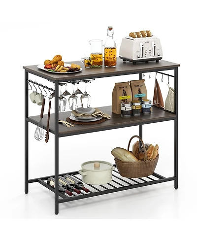 Gymax 3-Tier Kitchen Island Kitchen Shelf Wine Coffee Bar Prep Table w/Bottom Wine