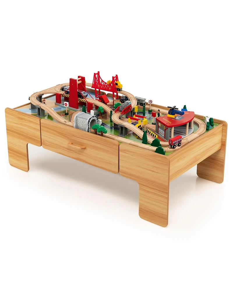 Kids Wooden Train Set & Double-Sided Table Playset w/100 Pieces & Storage Drawer