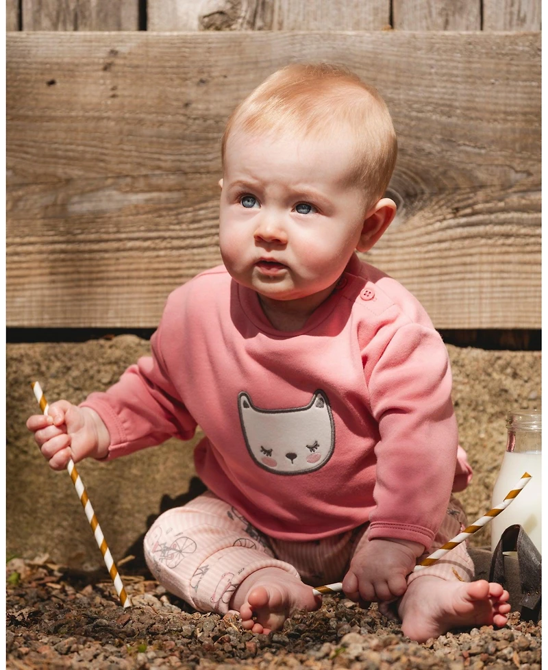 Deux par Baby Girl Cotton Pant with Top Set Pink Cat Print