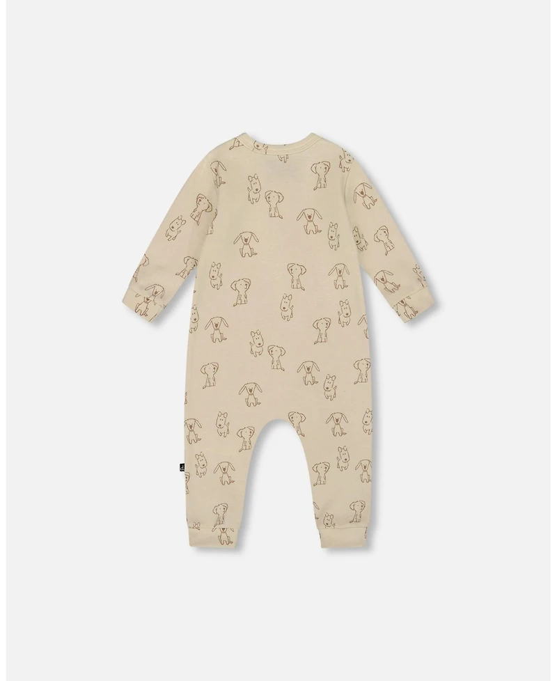 Deux par Deux Baby Boy Cotton Zipped Romper Beige Puppy Print - Baby