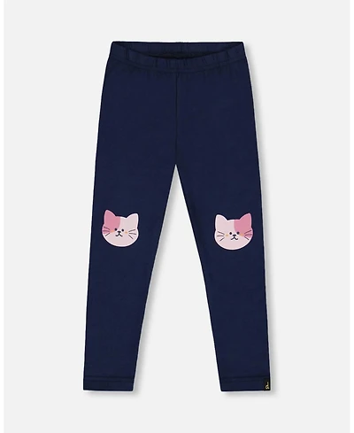 Deux par Girl Cotton Jersey Leggings Dark Blue with Cats - Toddler|Child