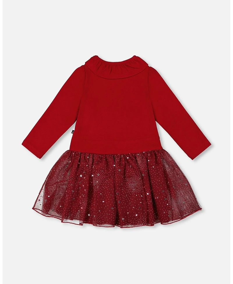 Deux par Big Girls Bi-Material Dress with Glittering Skirt Red