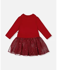 Deux par Big Girls Bi-Material Dress with Glittering Skirt Red