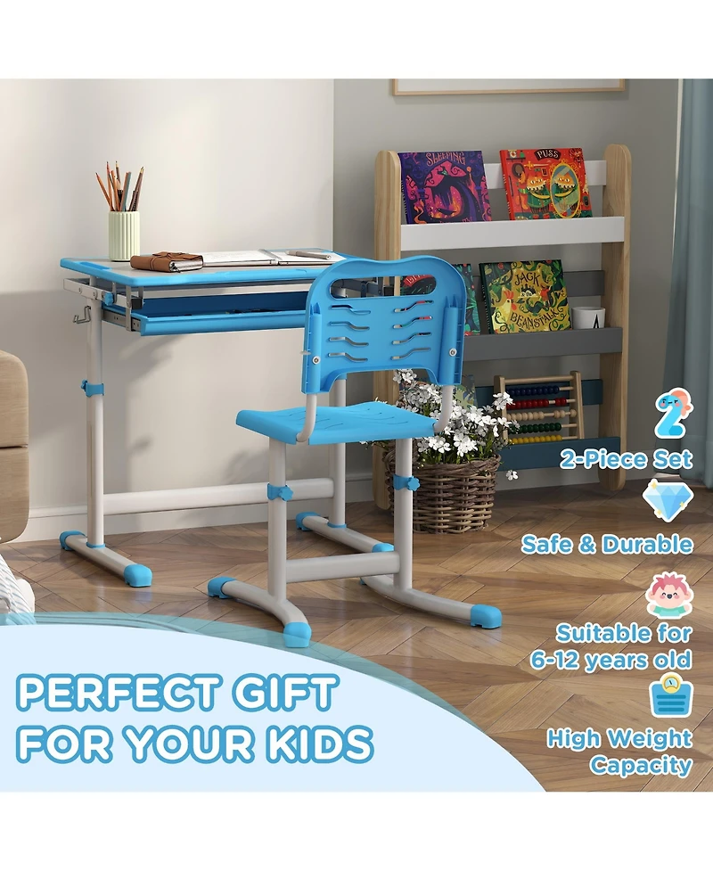 Qaba Height Adjustable Kids Desk and Chairs Set with Tilt Desktop,