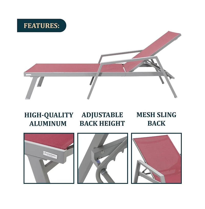 LeisureMod Grey Aluminum Outdoor Patio Chaise Lounge Chair With Arms