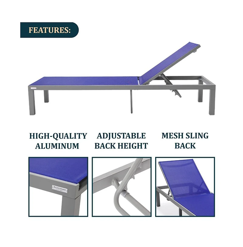 LeisureMod Grey Aluminum Outdoor Patio Chaise Lounge Chair
