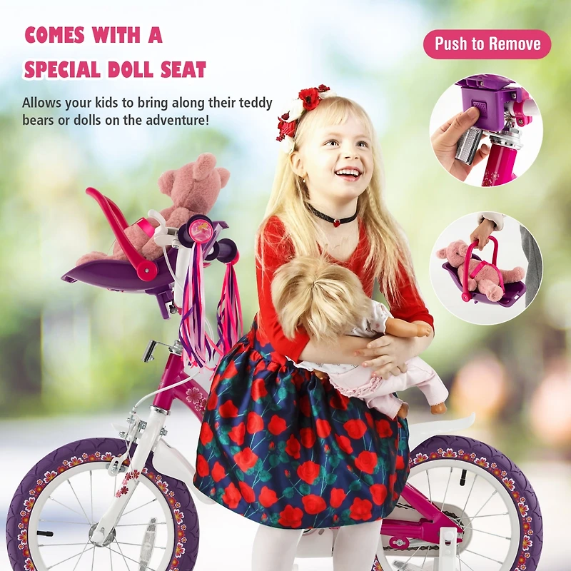 14 Inch Kids Bike with Doll Seat and Removable Training Wheels