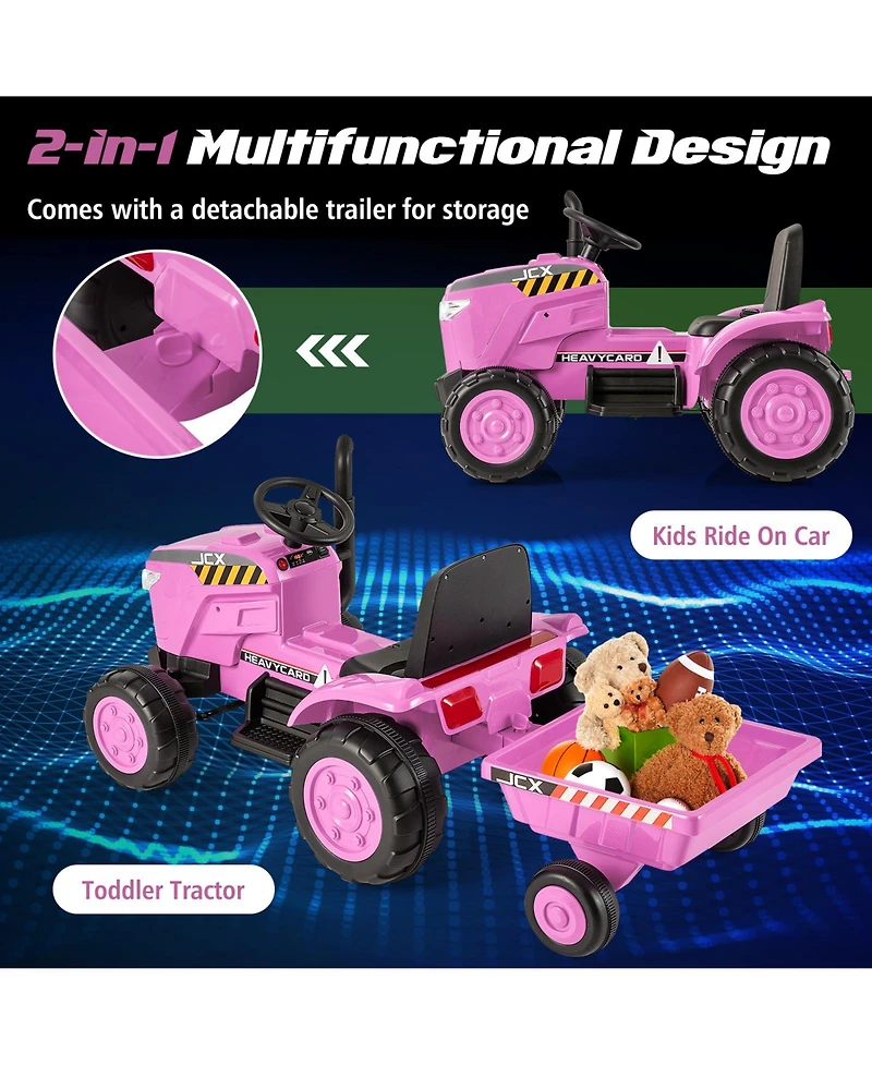 12V Kids Ride-On Tractor with Trailer and Remote Control - Pink