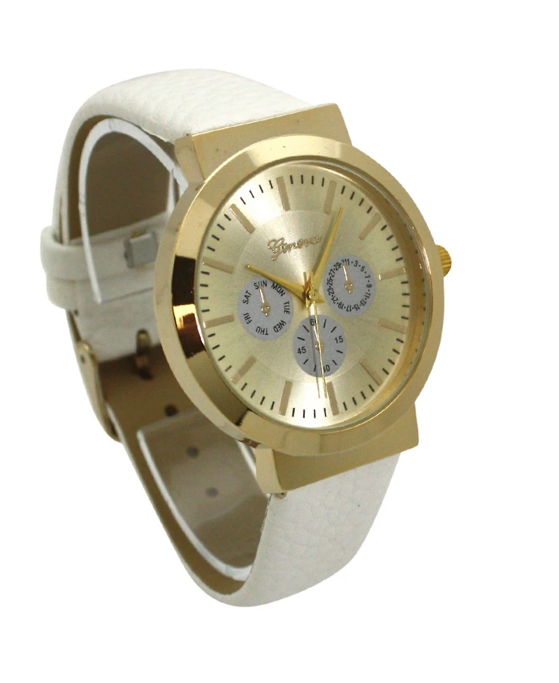 Olivia Pratt White Calendar Dial Gold Accented Leather Strap Watch