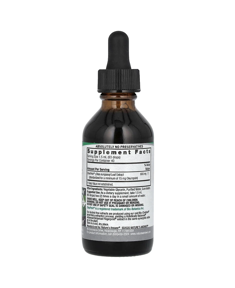 Nature's Answer Olive Leaf Extract Standardized Alcohol-Free 600 mg - 2 fl oz (60 ml)