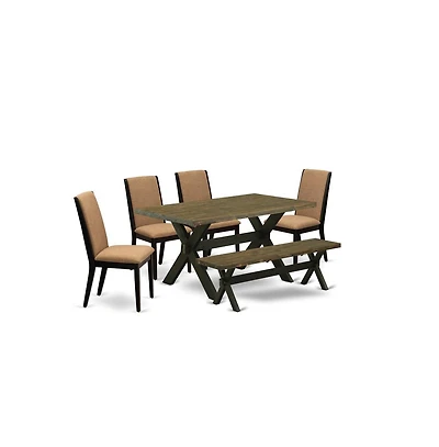 East West Furniture 6-Piece Stylish Rectangular Table Set an Excellent Distressed Jacobean Kitchen Table Top and Distressed Jacobean Dining Room Bench