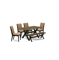 East West Furniture 6-Piece Stylish Rectangular Table Set an Excellent Distressed Jacobean Kitchen Table Top and Distressed Jacobean Dining Room Bench