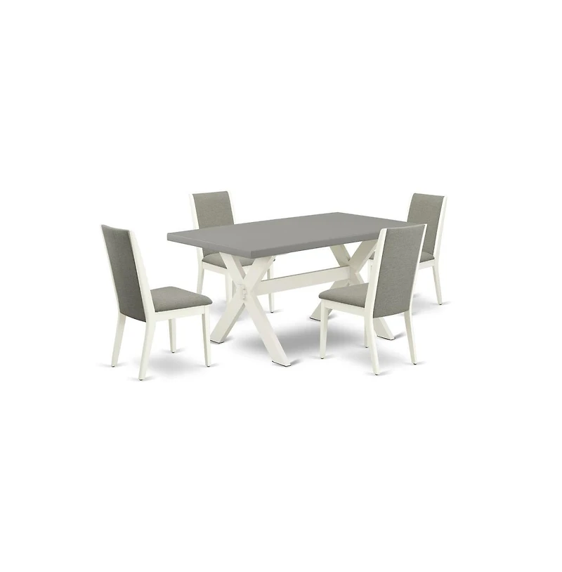 East West Furniture 5-Piece Amazing Dining Room Table Set a Great Cement Color Wood Table Top and 4 Lovely Linen Fabric Dining Chairs with Stylish Cha