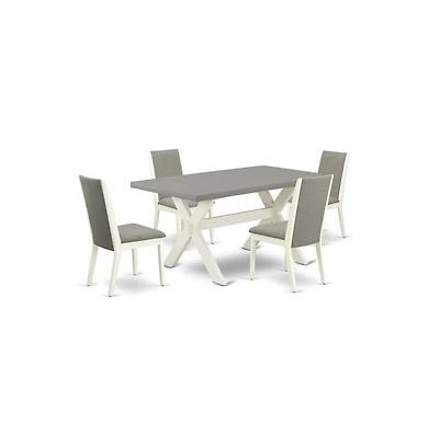 East West Furniture 5-Piece Amazing Dining Room Table Set a Great Cement Color Wood Table Top and 4 Lovely Linen Fabric Dining Chairs with Stylish Cha