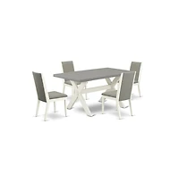 East West Furniture 5-Piece Amazing Dining Room Table Set a Great Cement Color Wood Table Top and 4 Lovely Linen Fabric Dining Chairs with Stylish Cha