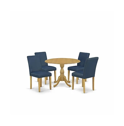 East West Furniture 5 Piece Dining Table Set - Oak Dinning Table and 4 Oasis Blue Pu Leather Mid Century Modern Chairs with High Back - Oak Finish