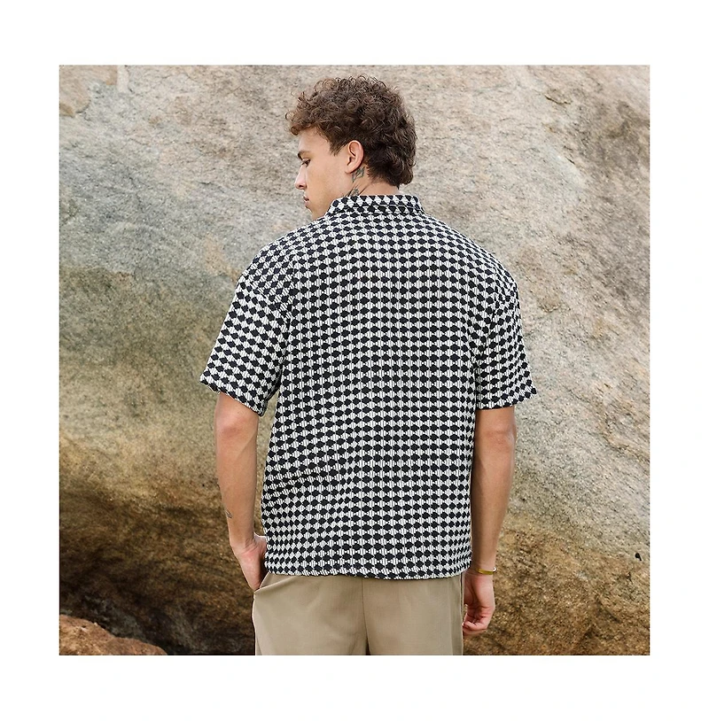 Campus Sutra Men's Midnight Black & Powder White Lozenge-Striped Oversized Shirt