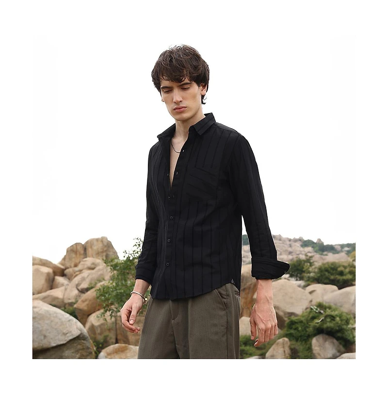 Campus Sutra Men's Midnight Blacl Pastel Striped Shirt