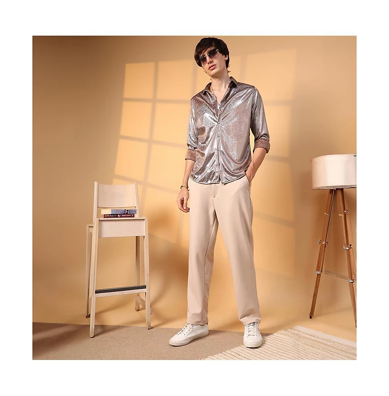 Campus Sutra Men's Metallic Brown Sheen Chevron Shirt